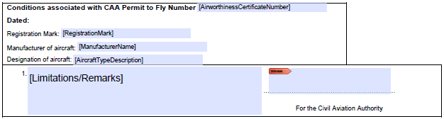 Image of blank CAA Form 20a, Permit to Fly (continued)